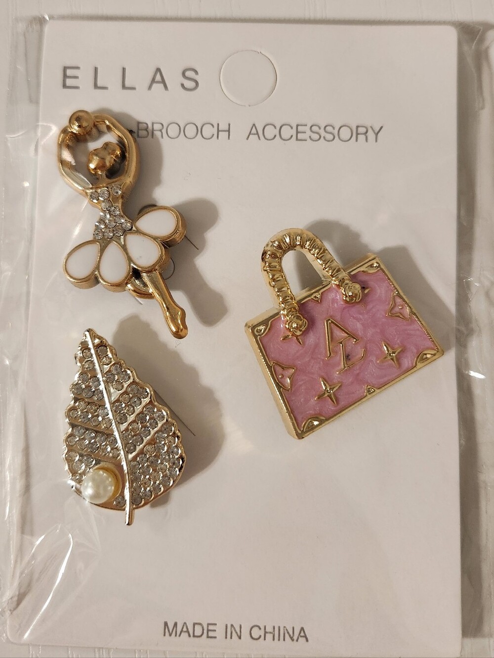 Ellas Gold Ballet Dancer, Leaf & Pink Handbag Brooch Set